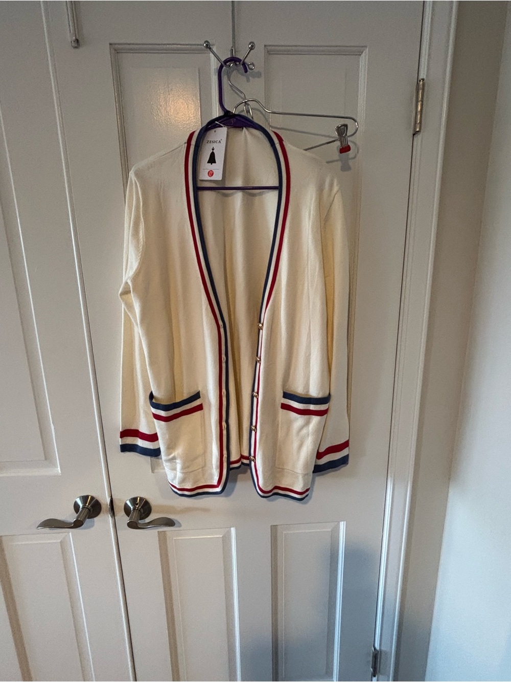 Cream Cardigan with Red & Navy Trim